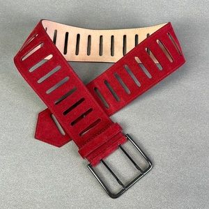 Alzare Italy Red Burgundy Suede Wide Cutout Belt  2 Prong Buckle , like new